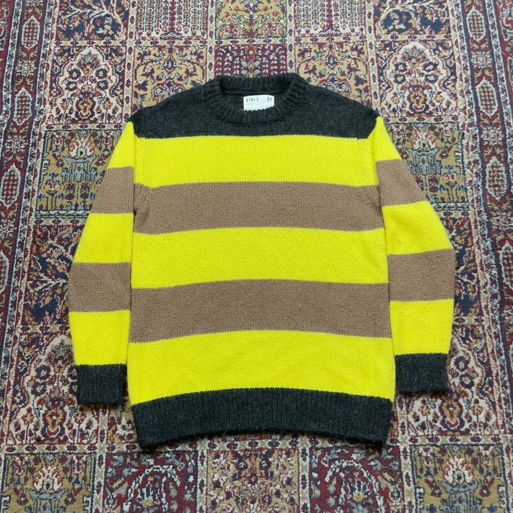 Girls of Dust Striped Kid Mohair Blend Crewneck Sweater Yellow Brown Black Small